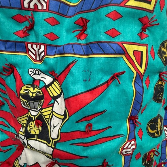 Vintage 1989 Power Rangers 82” x 41” Hand Made Tied Quilt Red Blue Twin Coverlet - Picture 7 of 11